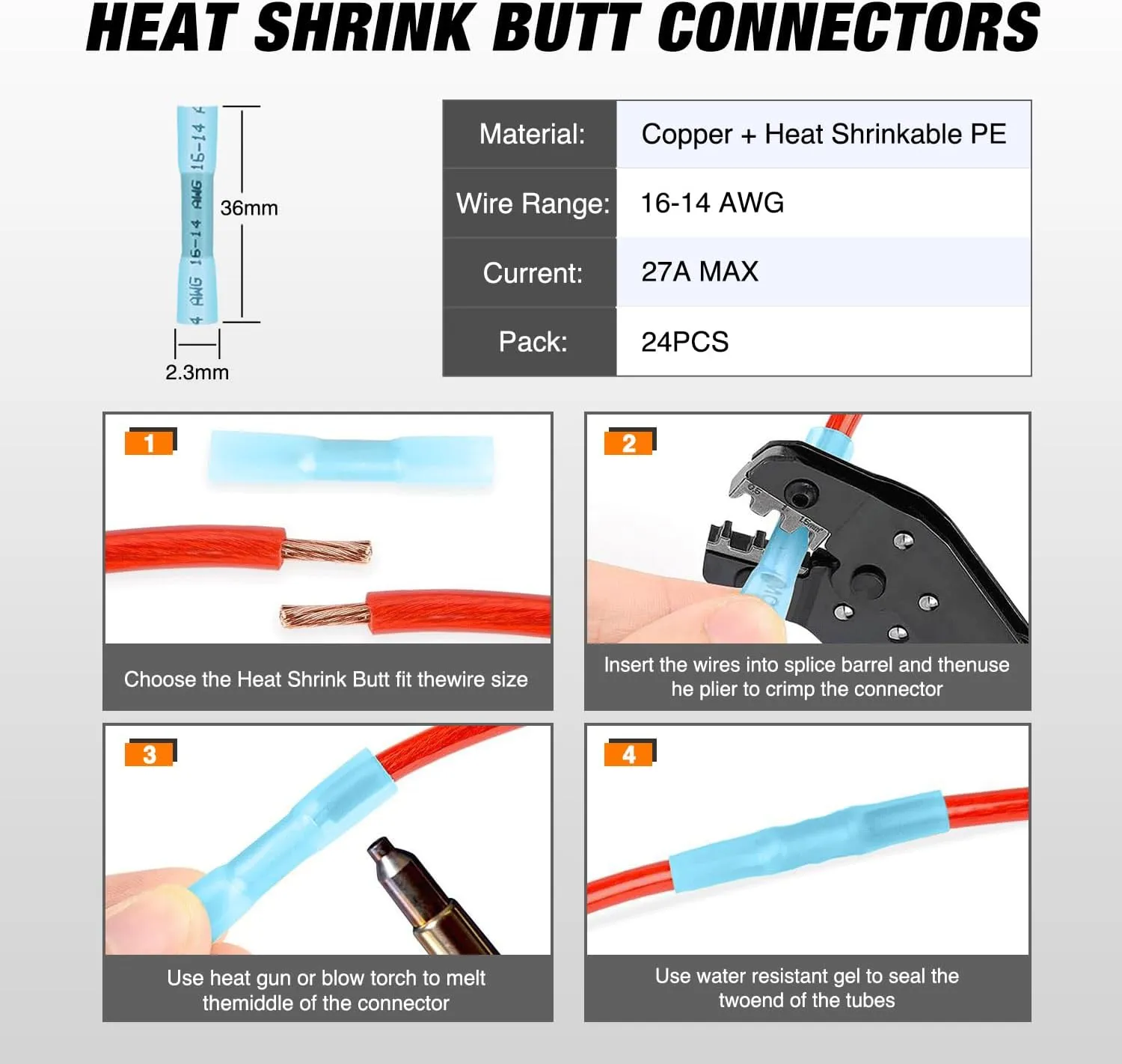 2 Pin DT Connectors 16AWG 6 Kits Male and Female Electrical Connector Waterproof Plug and Play w/Heat Shrink Butt Terminals