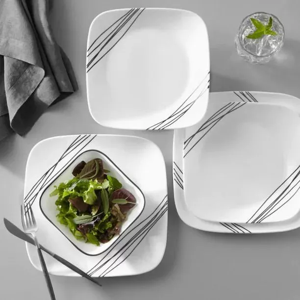 Corelle Black/White Simple Sketch Square Dinnerware Set 16pc