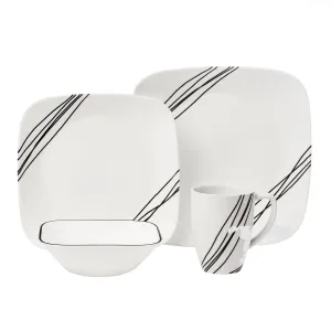 Corelle Black/White Simple Sketch Square Dinnerware Set 16pc
