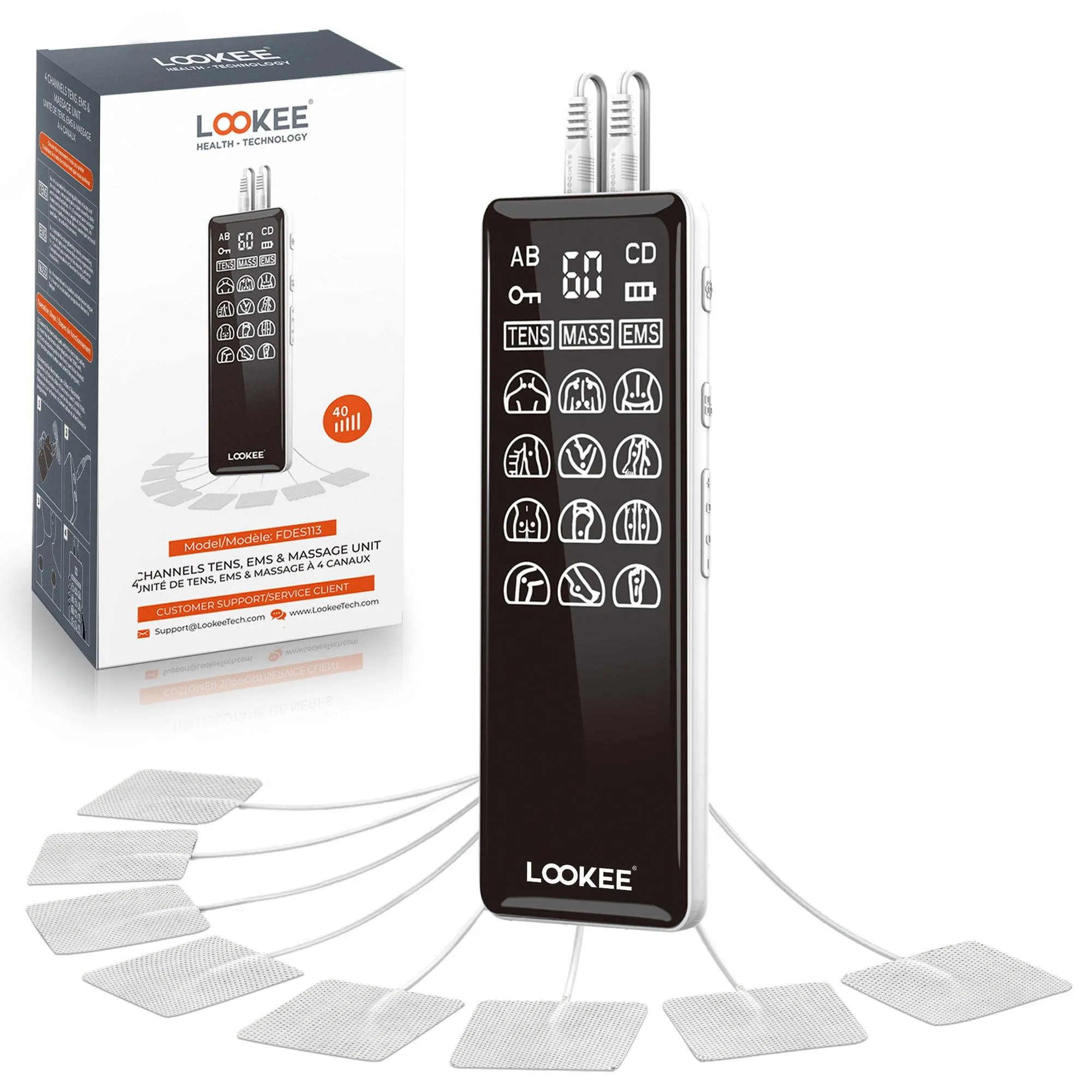 LOOKEE® LK113 Premium LED 4-Channel TENS Unit EMS Massage Muscle Stimulator for Pain Relief Therapy | Electric Pulse Massager