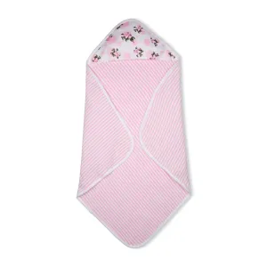 Premium Baby Hooded Towel Stripes Pattern With Tea Rose Print Muslin Hood, Soft and Lightweight - Pink
