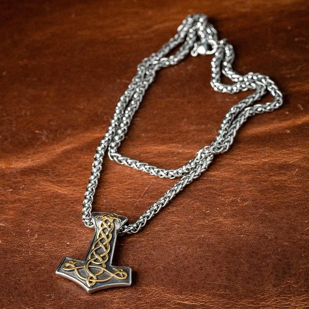 Stainless Steel Dual Color Thor's Hammer Knotwork Necklace
