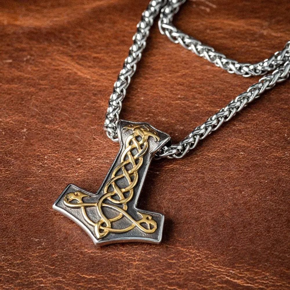 Stainless Steel Dual Color Thor's Hammer Knotwork Necklace