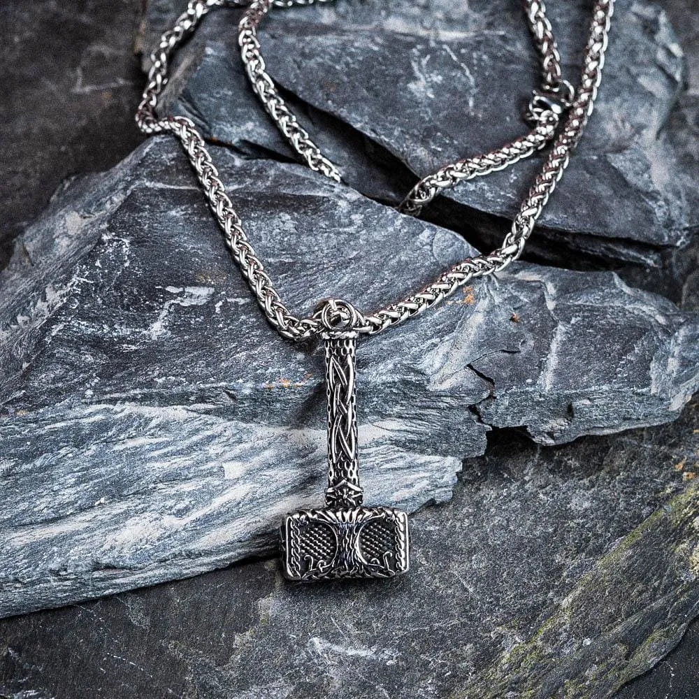 Stainless Steel Thor's Hammer With Tree of Life & Valknut Designs