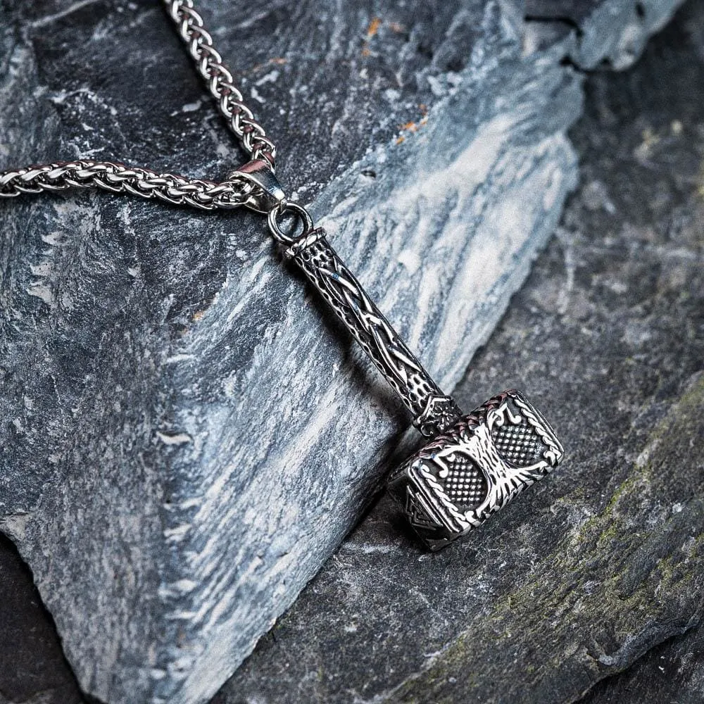 Stainless Steel Thor's Hammer With Tree of Life & Valknut Designs