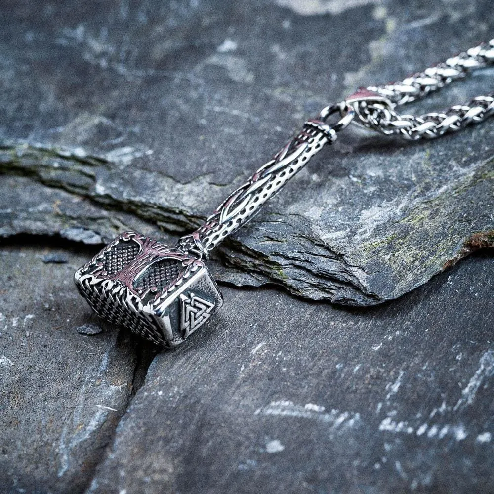Stainless Steel Thor's Hammer With Tree of Life & Valknut Designs