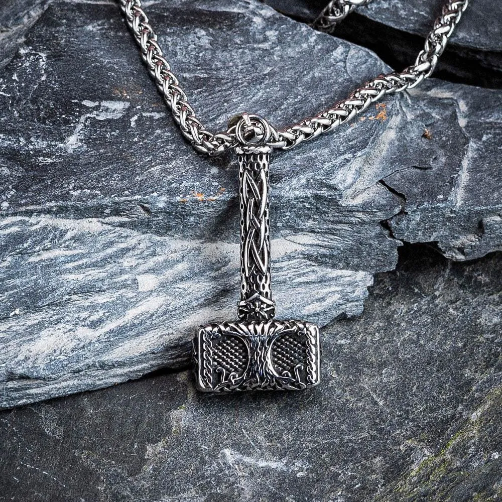 Stainless Steel Thor's Hammer With Tree of Life & Valknut Designs