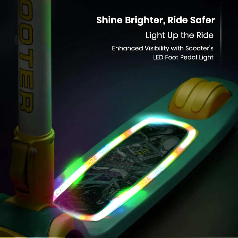 StarAndDaisy Skate Scooter for Kids 3-12 Years Girls & Boys with Led Light PU Wheels, 4 Gear Height Adjustment, Upto 100 Kg Weight Support Chassis, Easy to Ride All Type of Ground (Green-Yellow)