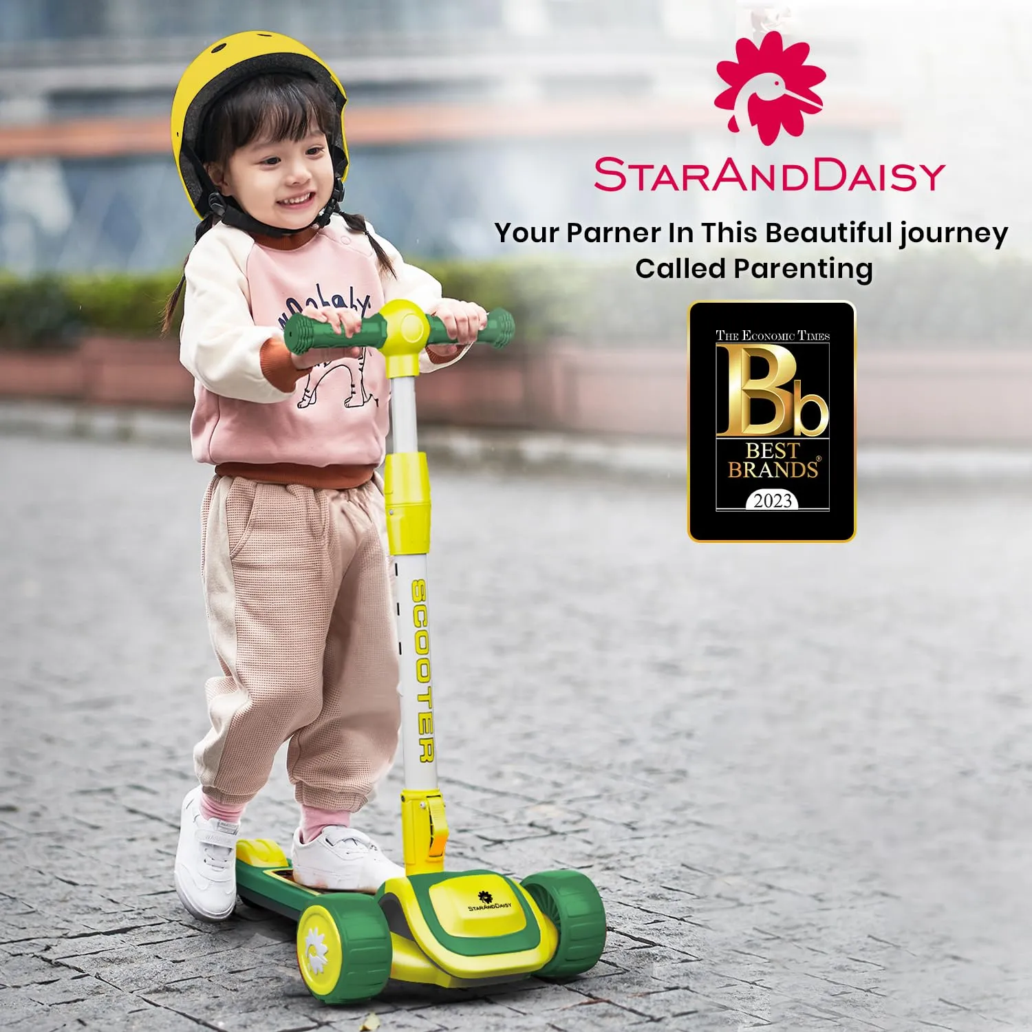 StarAndDaisy Skate Scooter for Kids 3-12 Years Girls & Boys with Led Light PU Wheels, 4 Gear Height Adjustment, Upto 100 Kg Weight Support Chassis, Easy to Ride All Type of Ground (Green-Yellow)