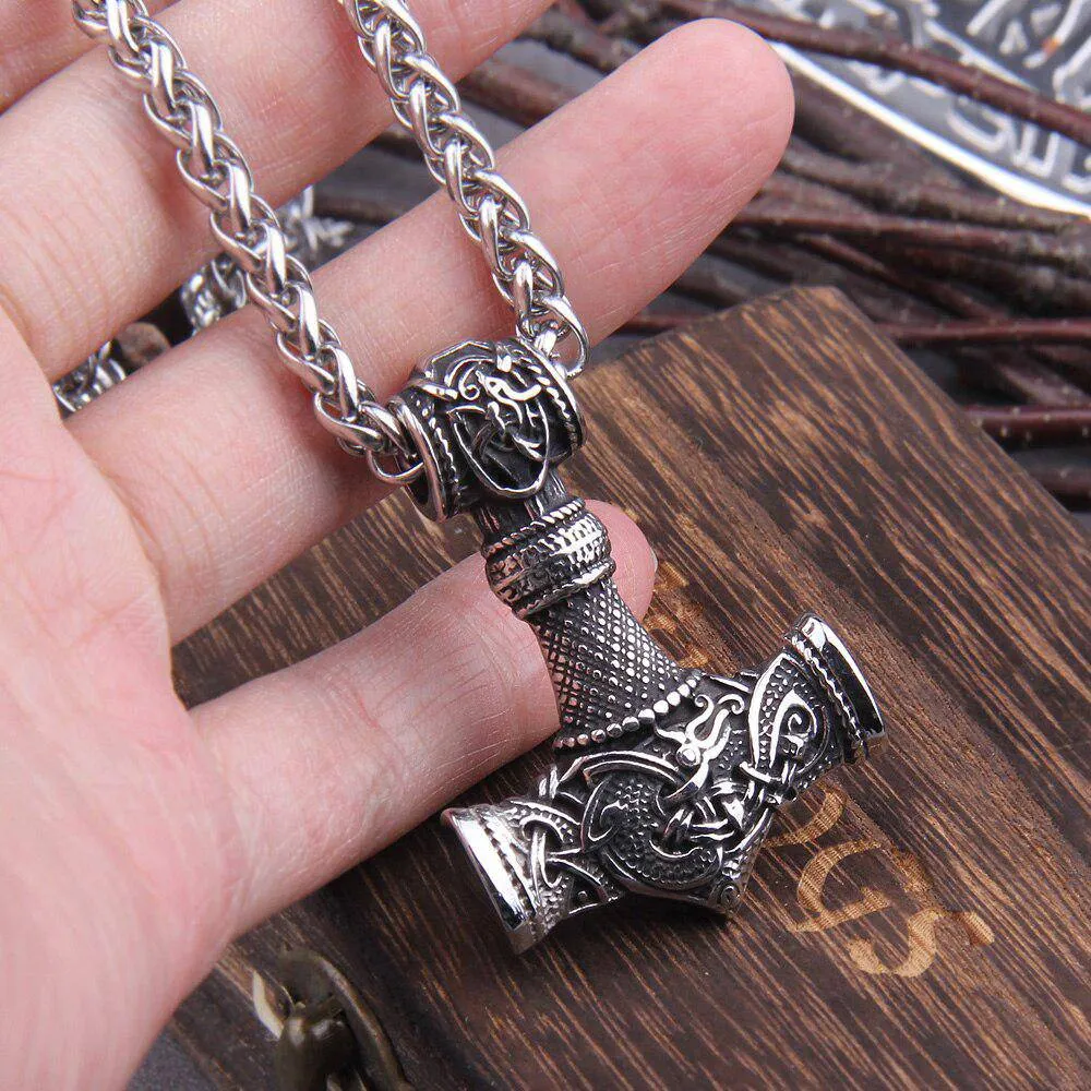Viking Necklace Gold Trimmed Mjolnir