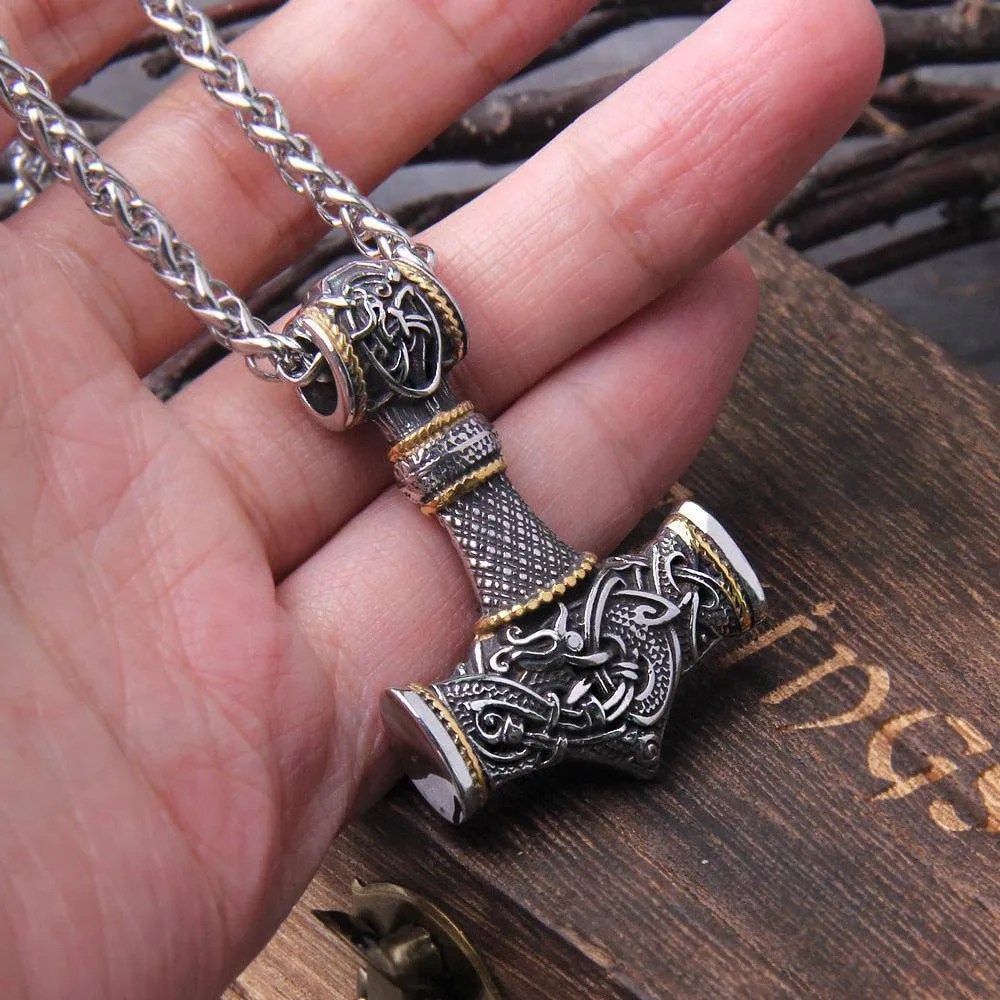 Viking Necklace Gold Trimmed Mjolnir